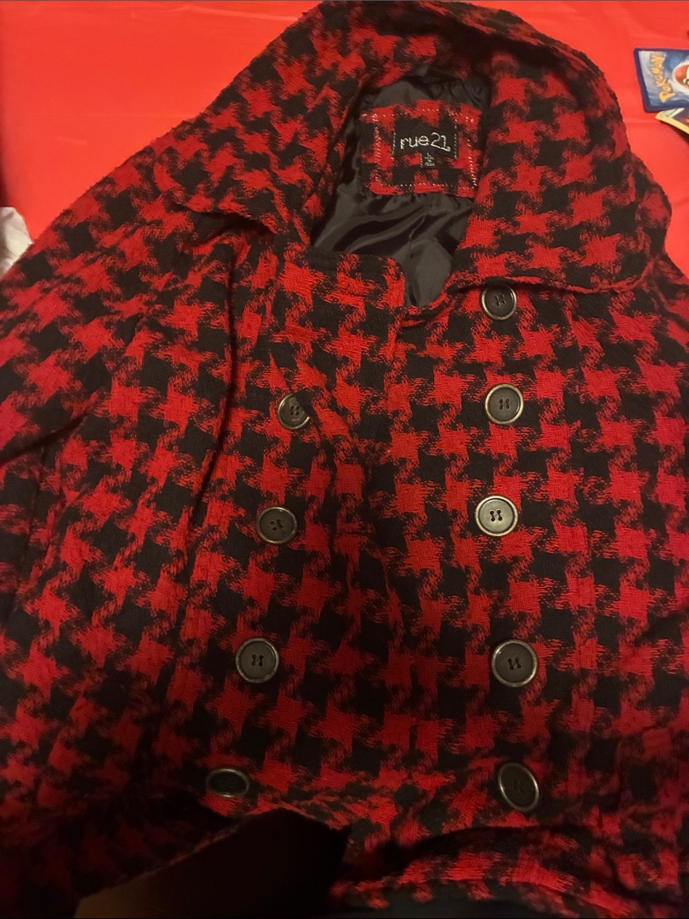 rue21 Red and Black Houndstooth Double-Breasted Pea Coat